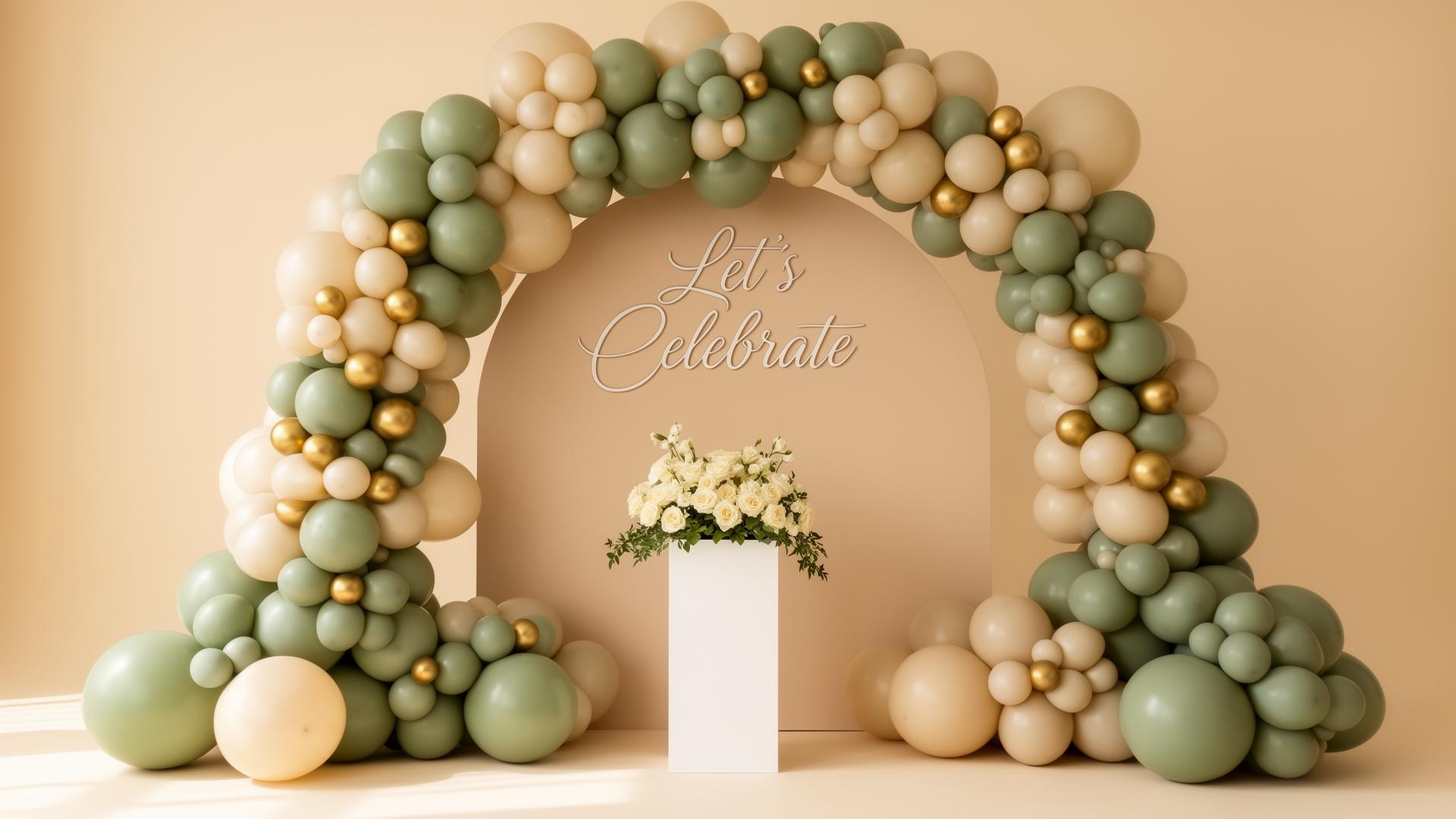 Premium balloon installation with sage and gold balloons